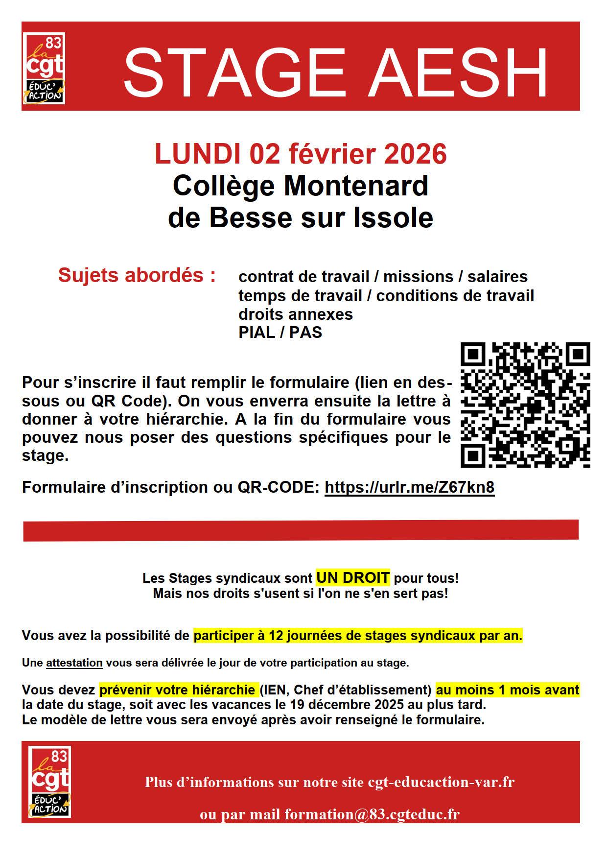 Affiche stage aesh 02 fevrier 2026 besse