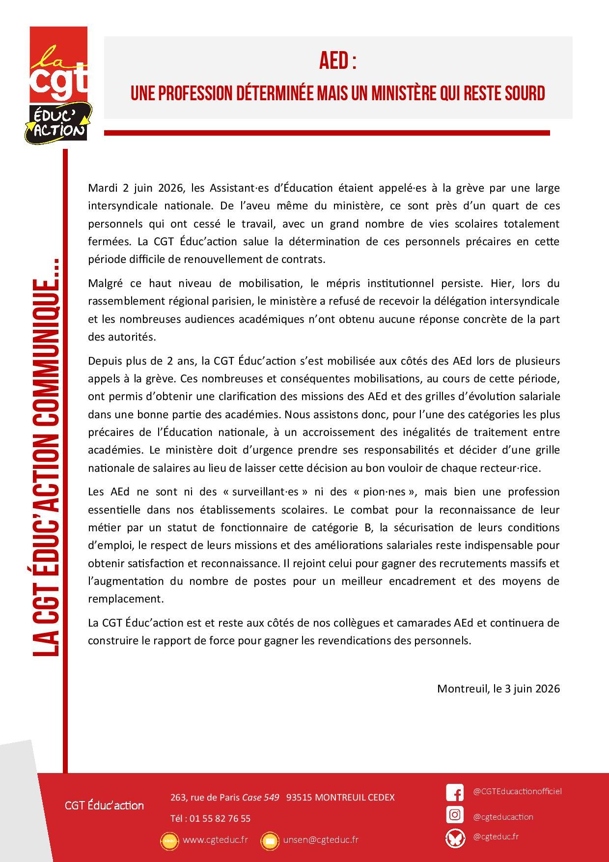 Communique de presse aed une profession determinee mais un ministere qui reste sourd page 001
