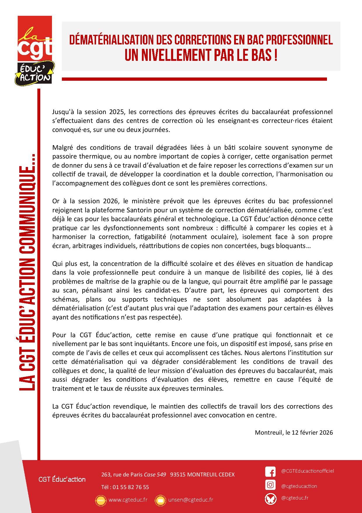 Communique de presse dematerialisation des corrections en bac professionnel un nivellement par le bas page 001