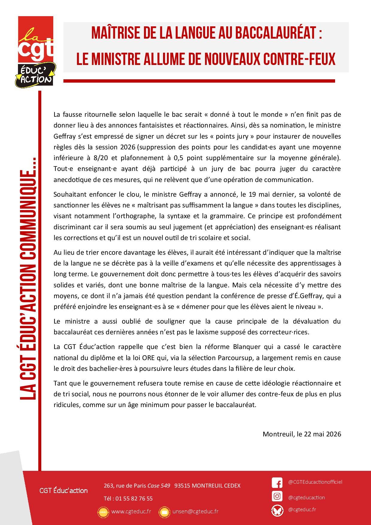 Communique de presse maitrise de la langue au baccalaureat le ministre allume de nouveaux contre feux page 001