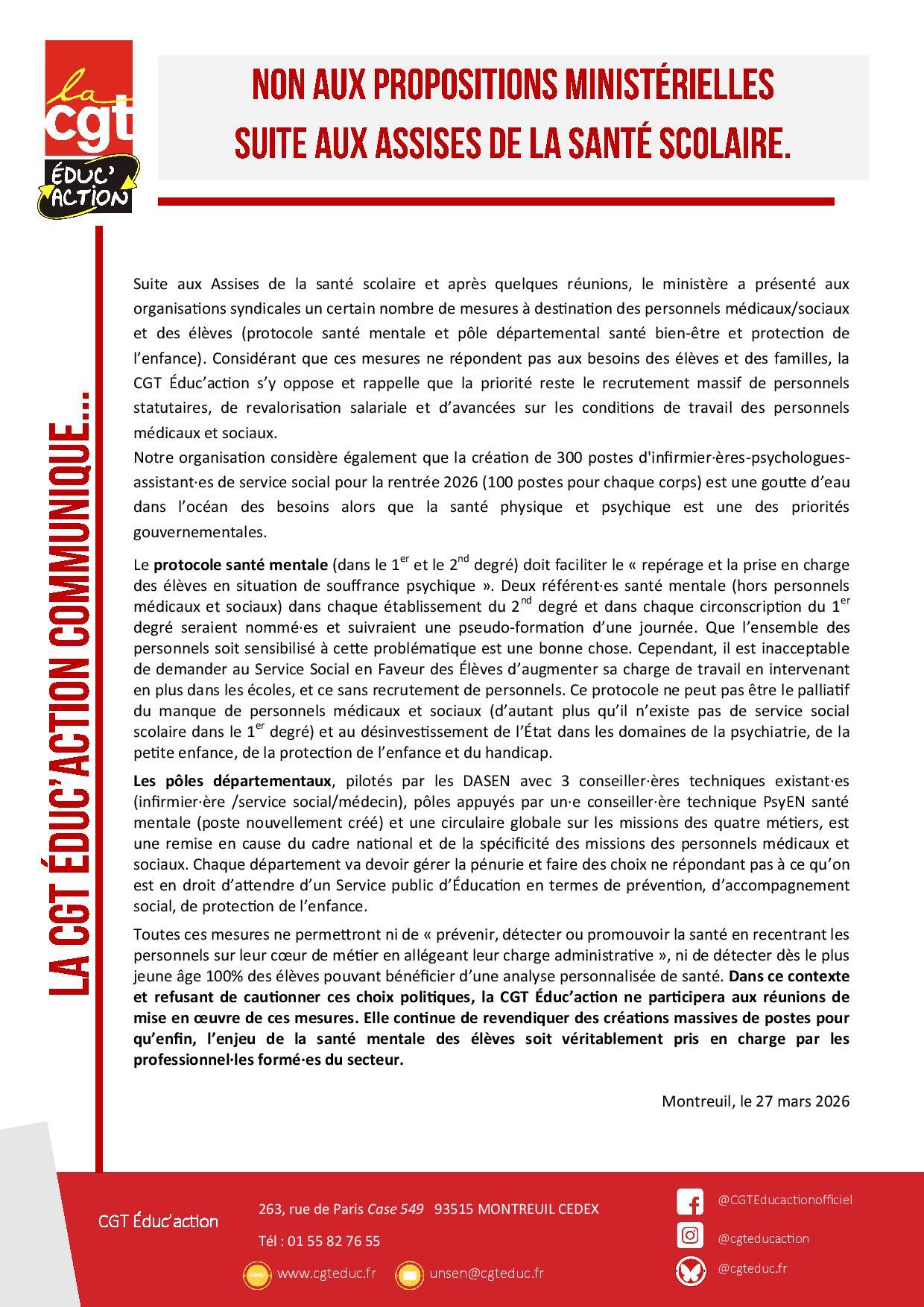 Communique de presse non aux propositions ministerielles suite aux assises de la sante scolaire page 001