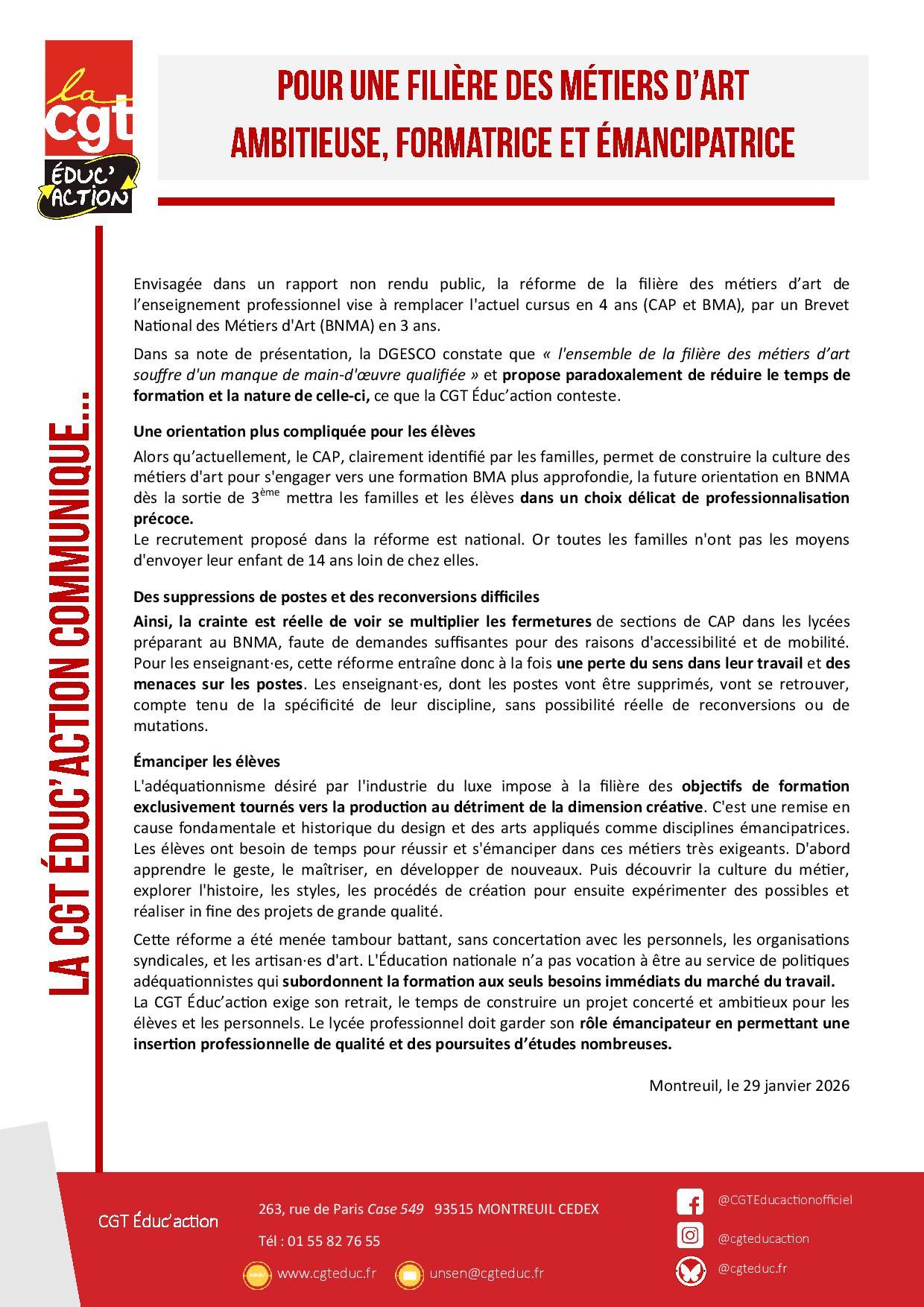 Communique de presse pour une filiere des metiers d art amibitieuse formatrice et emancipatrice page 001