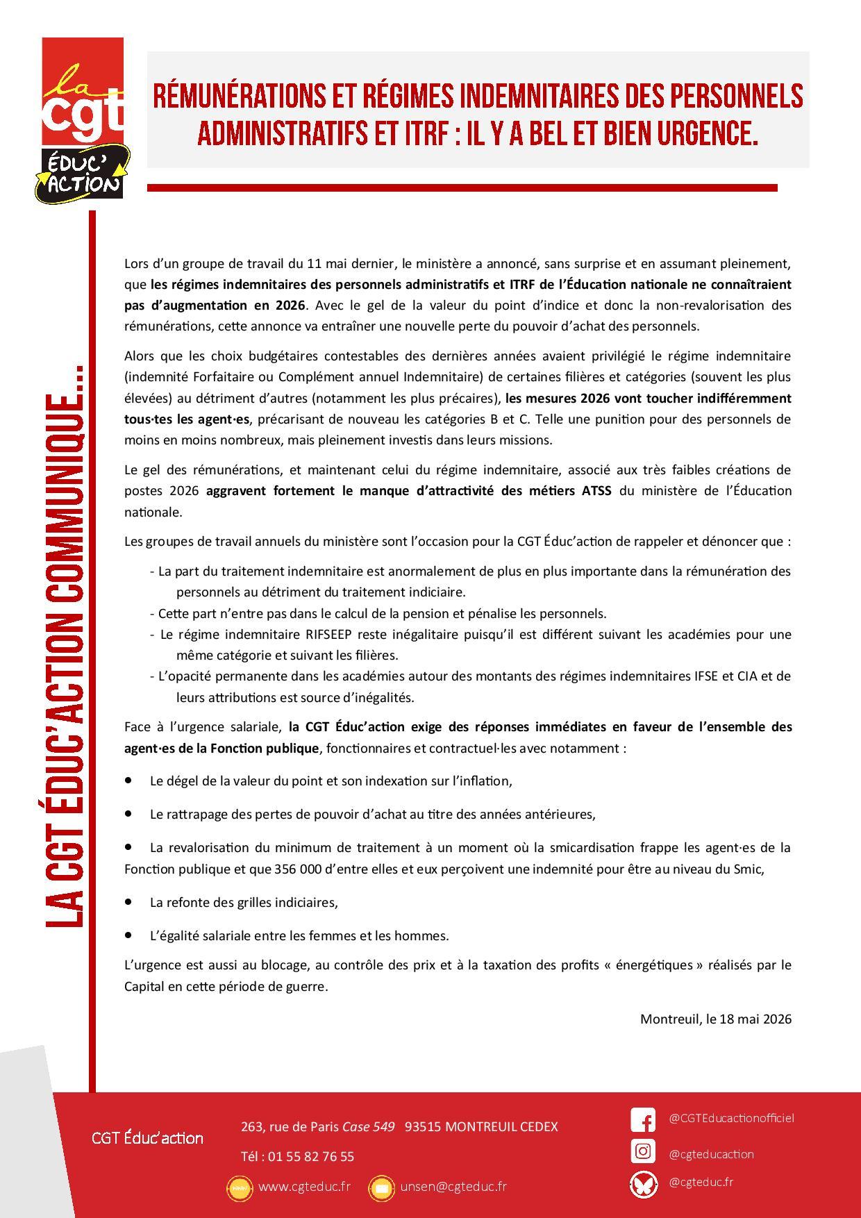 Communique de presse remunerations et regimes indemnitaires des personnels administratifs et itrf il y a bel et bien urgence page 001