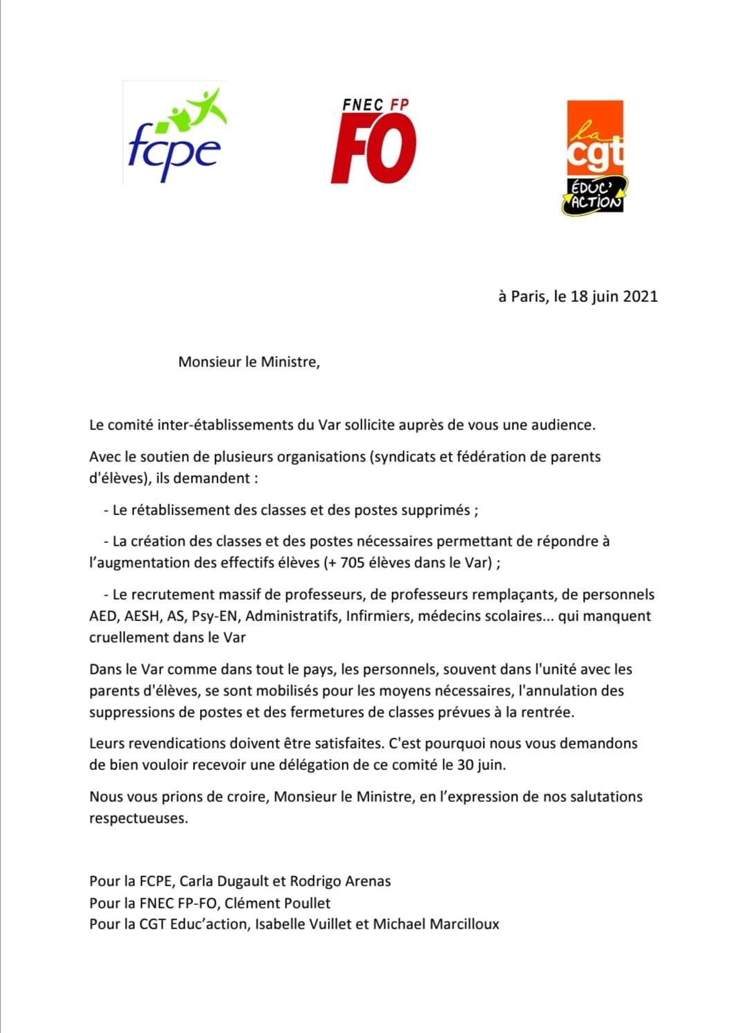 Courrier de soutien cgt fcpe fo